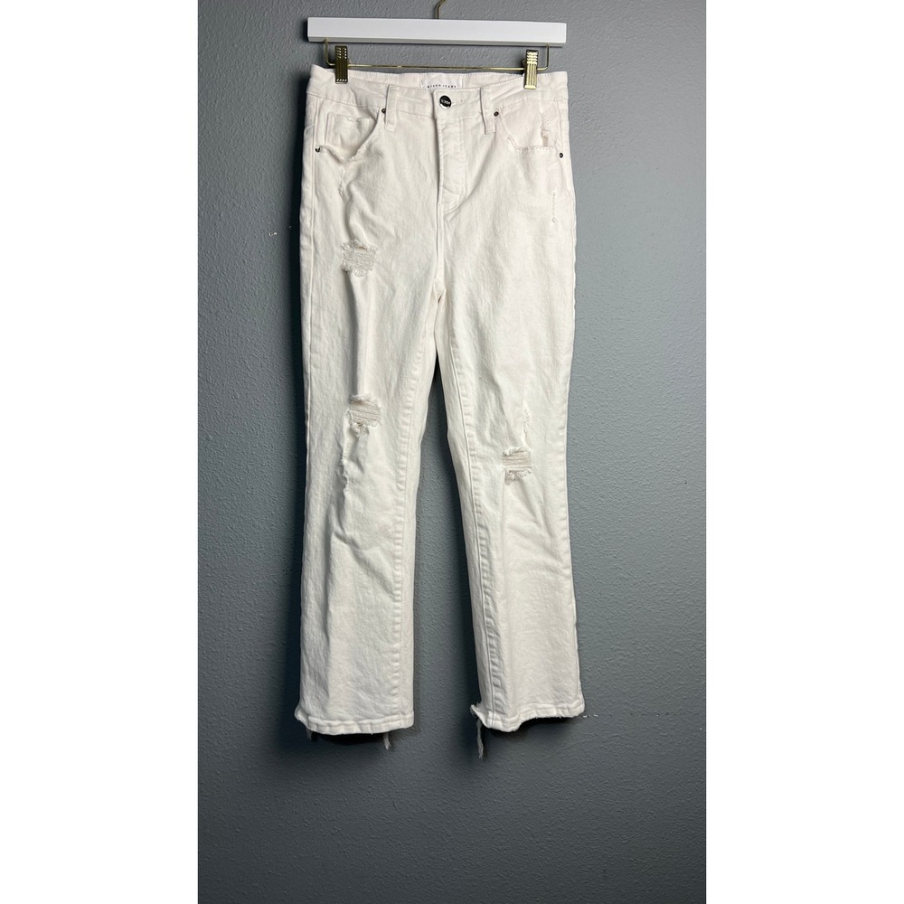 Risen Jeans White High Rise Distressed Straight Leg Raw Hem Jeans Coastal Size 7